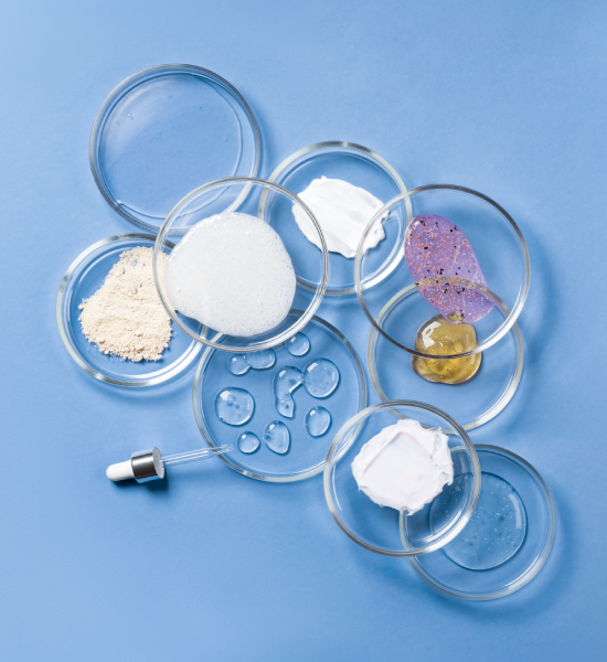Cosmetic ingredient samples in petri dishes