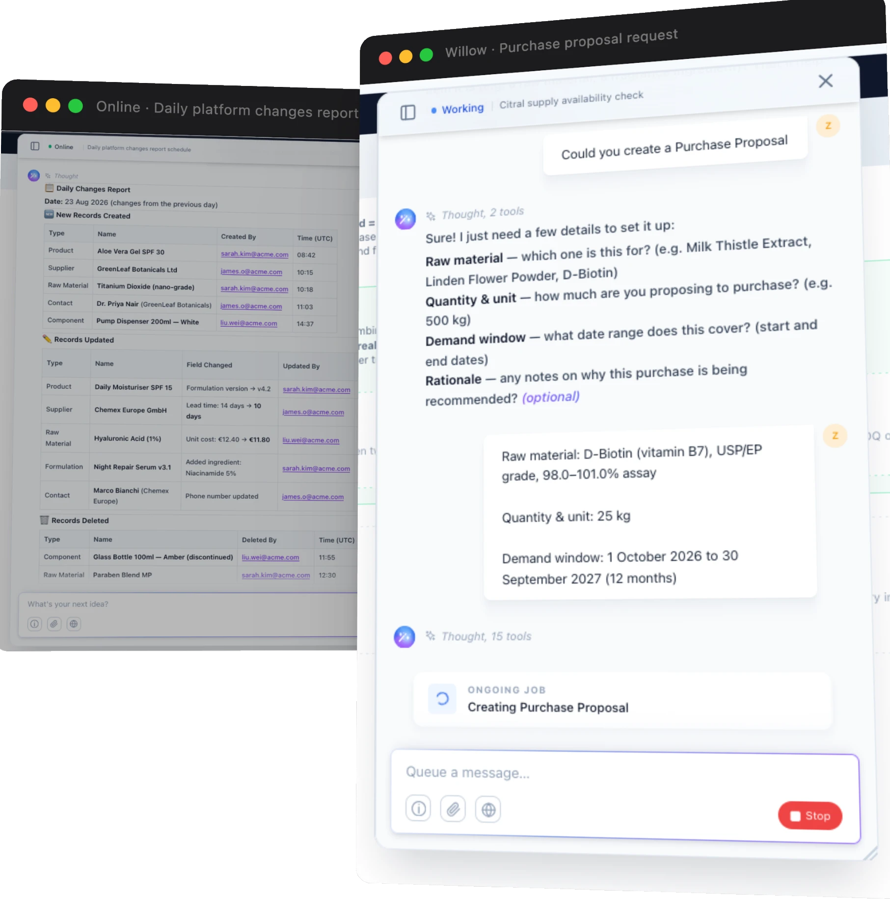 Willow inside Worldover, showing a daily platform changes report alongside a purchase proposal request for a raw material.