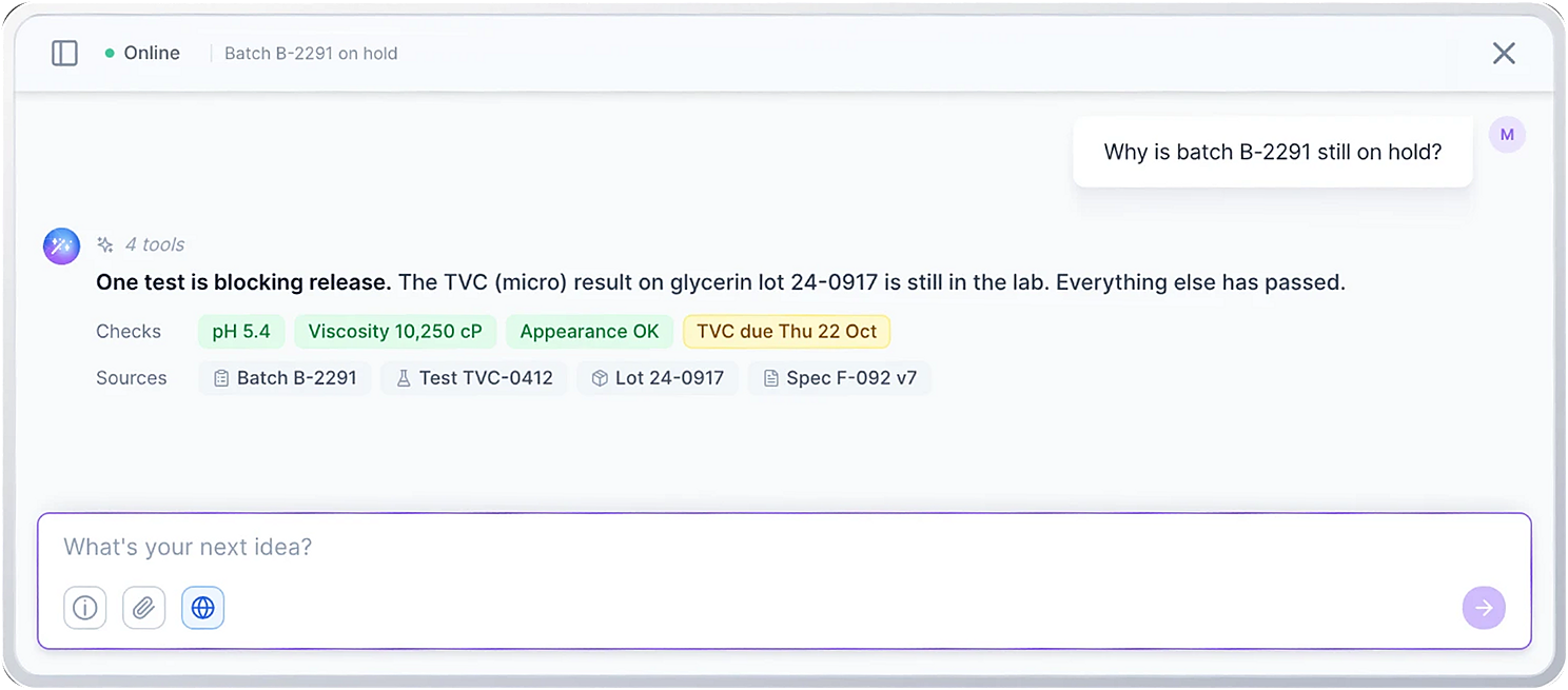 Willow inside Worldover explaining why batch B-2291 is on hold, with the pending TVC test and passed checks shown beside their source records.